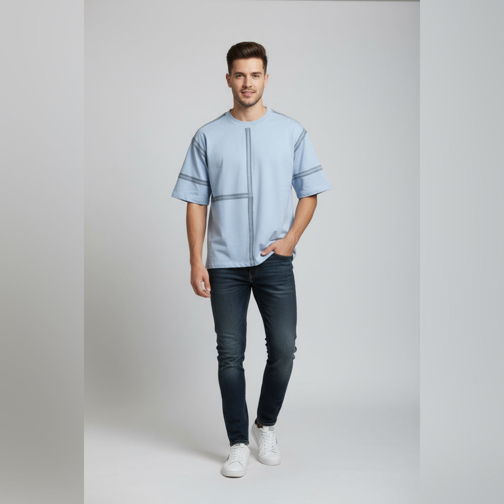 VPPA Round neck half slives stripes  spray T-shirt