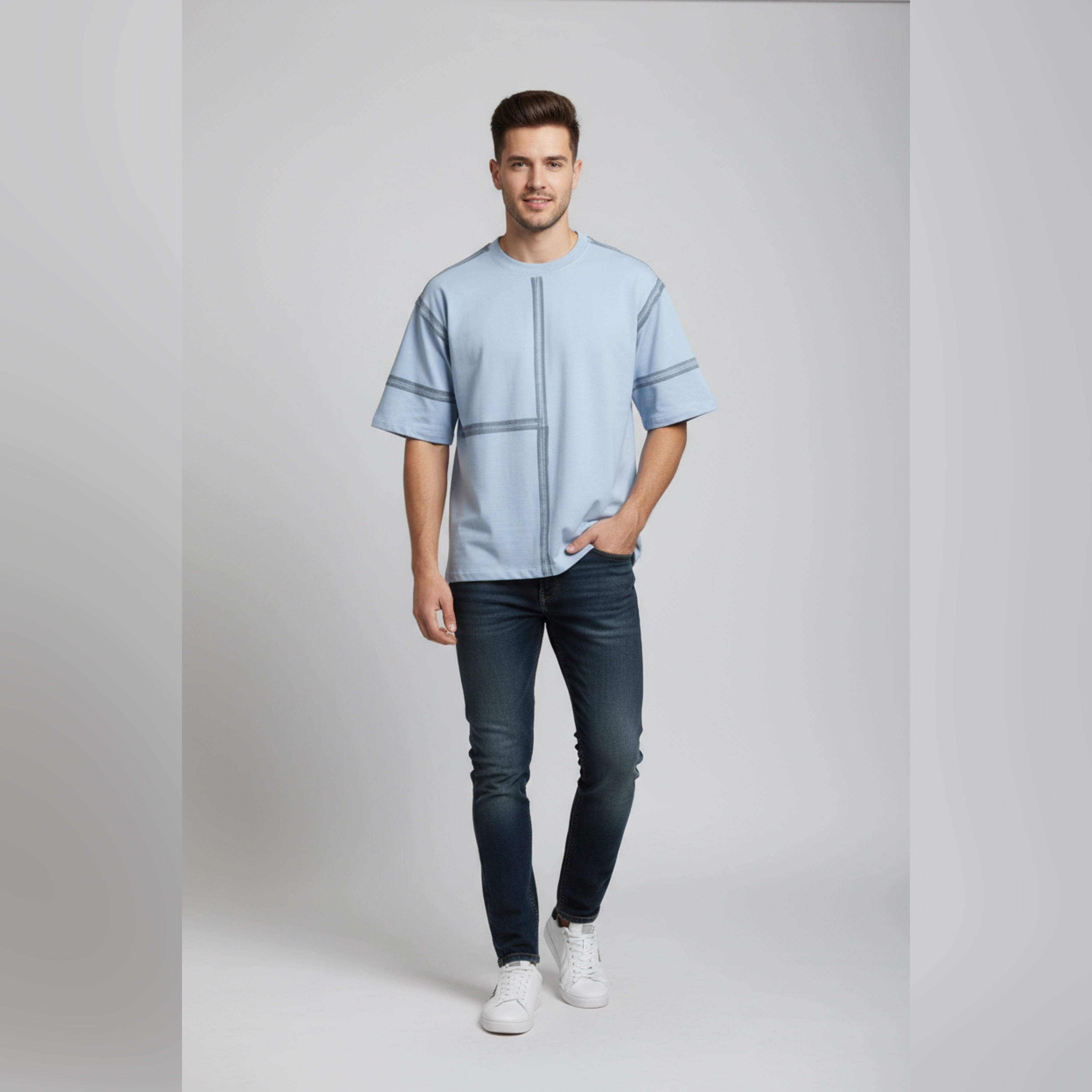 VPPA Round neck half slives stripes  spray T-shirt