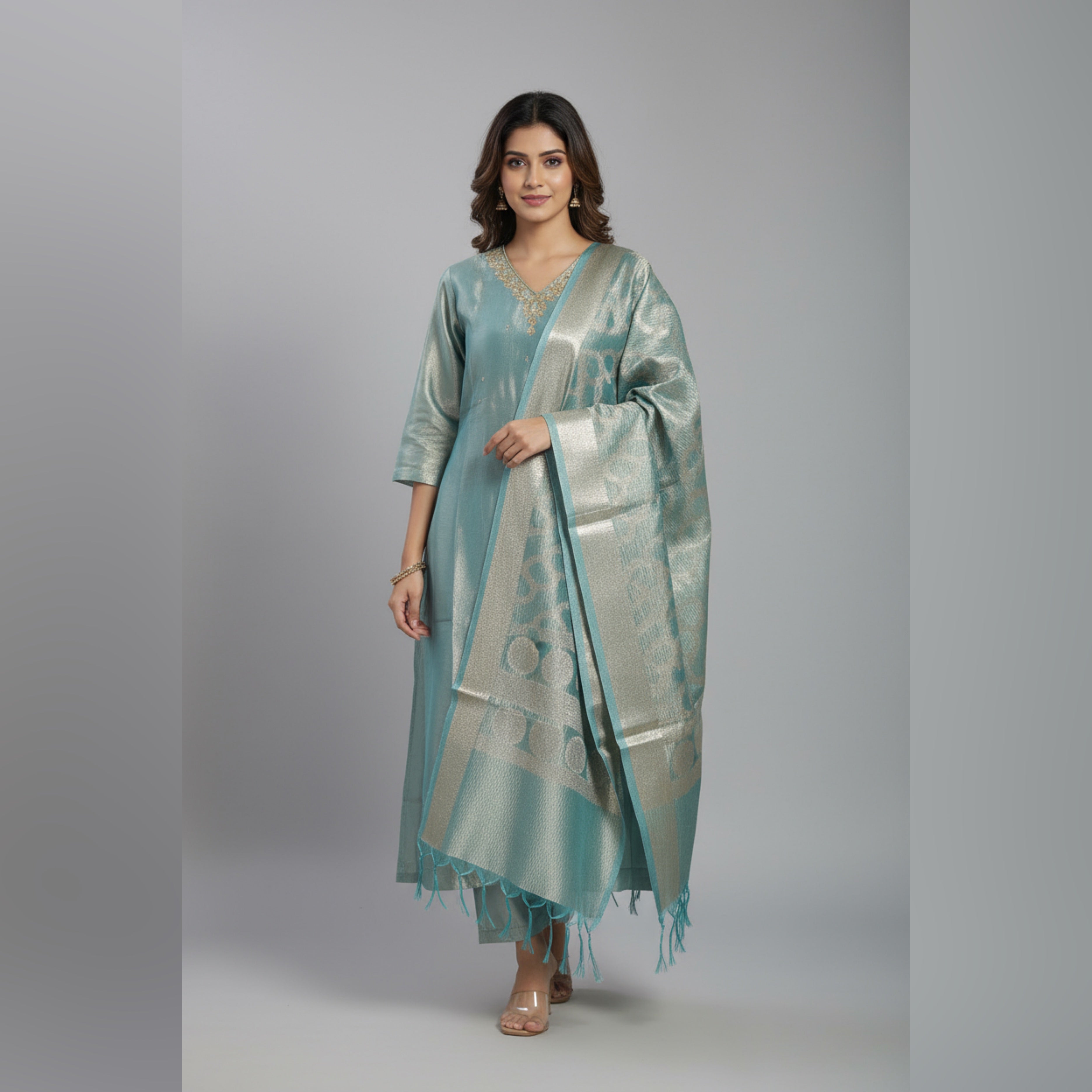 VPPA Women grand kurta & Pant with grand dupatta, 3 piece set kurtha - Premium Tissue Silk