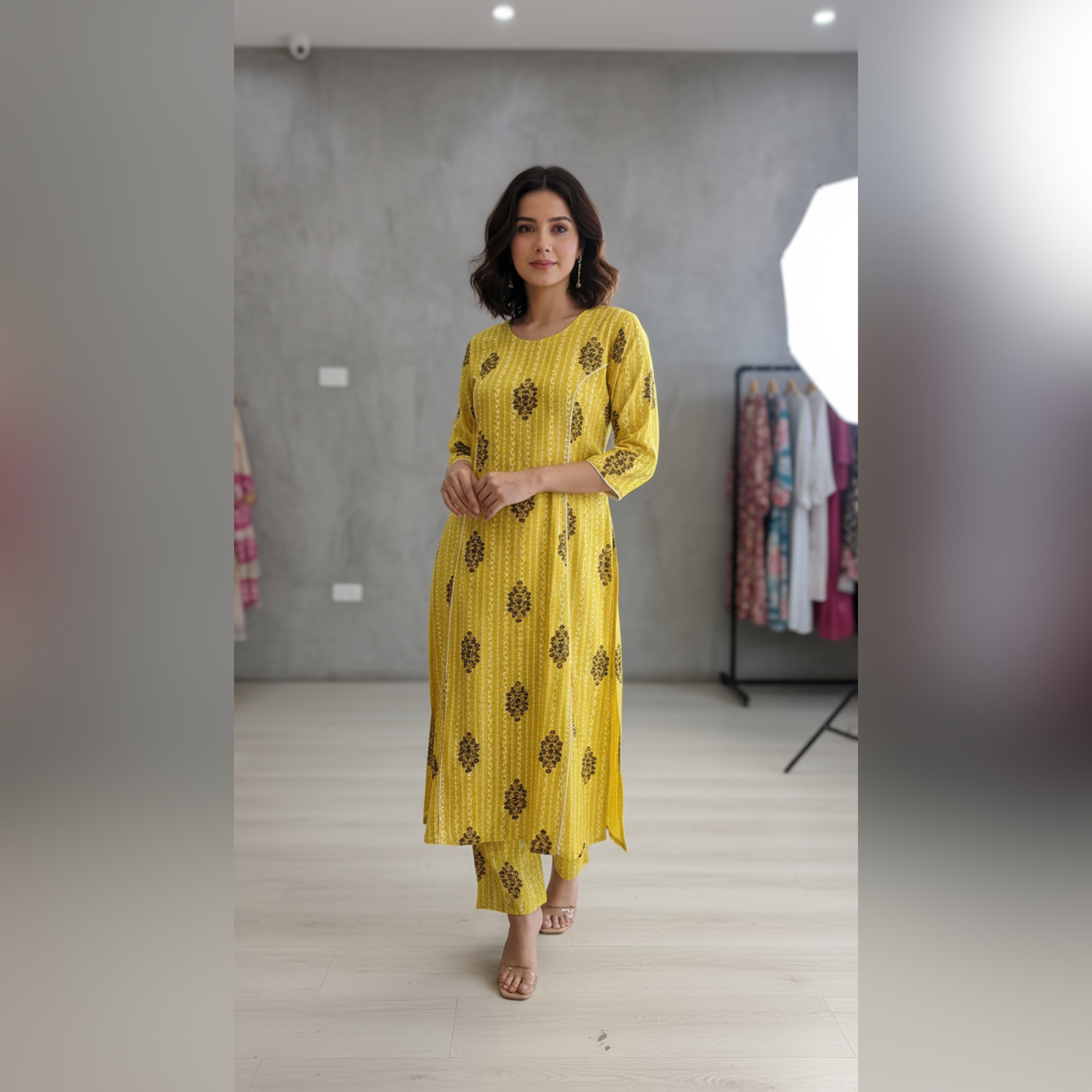 VPPA Women kurta & Pant, 2 piece set kurtha - Rayon Cotton Fabric - Yellow Color